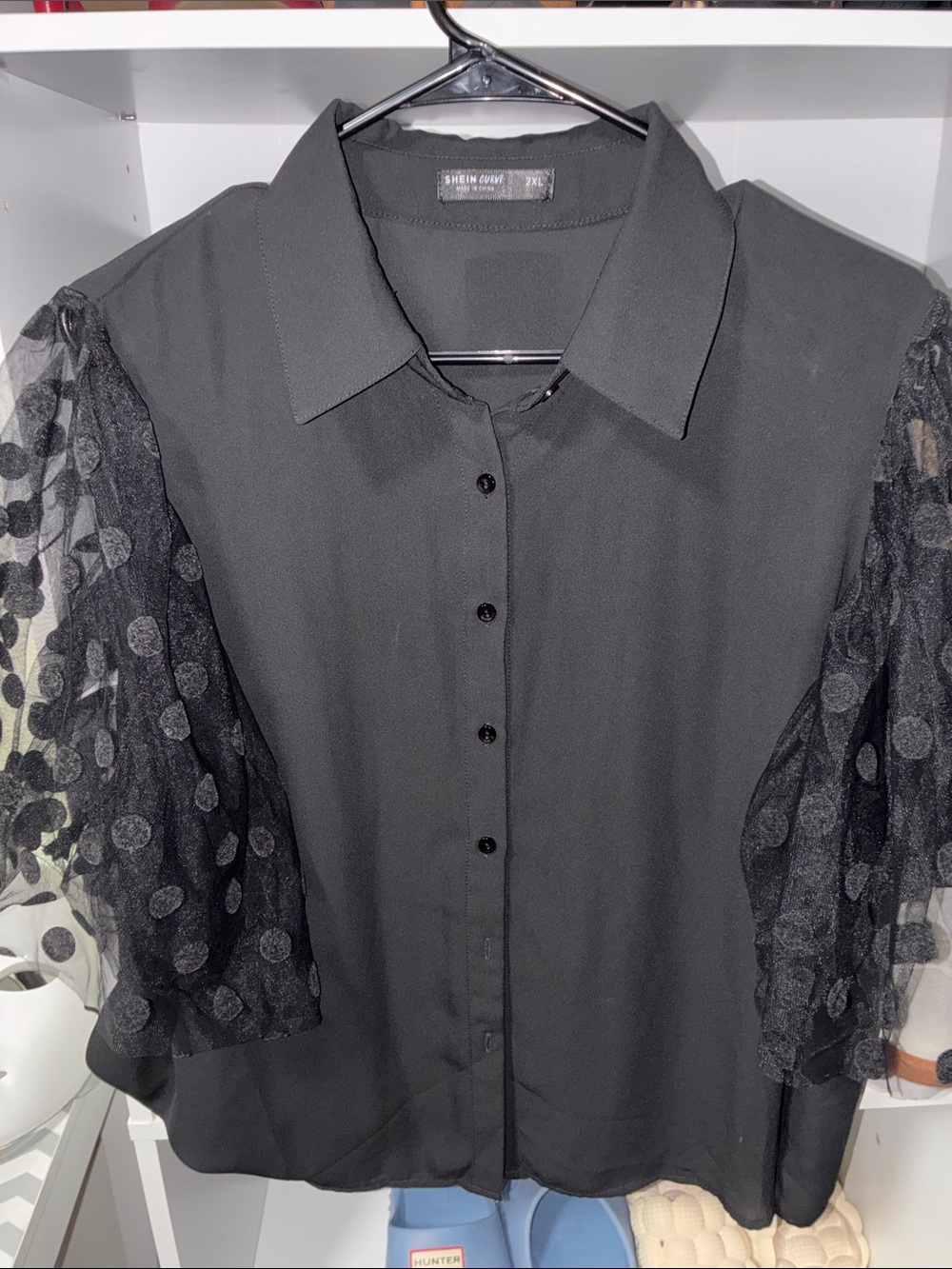SHEIN Black Button-Down Blouse with Polka Dot Mesh Sleeves